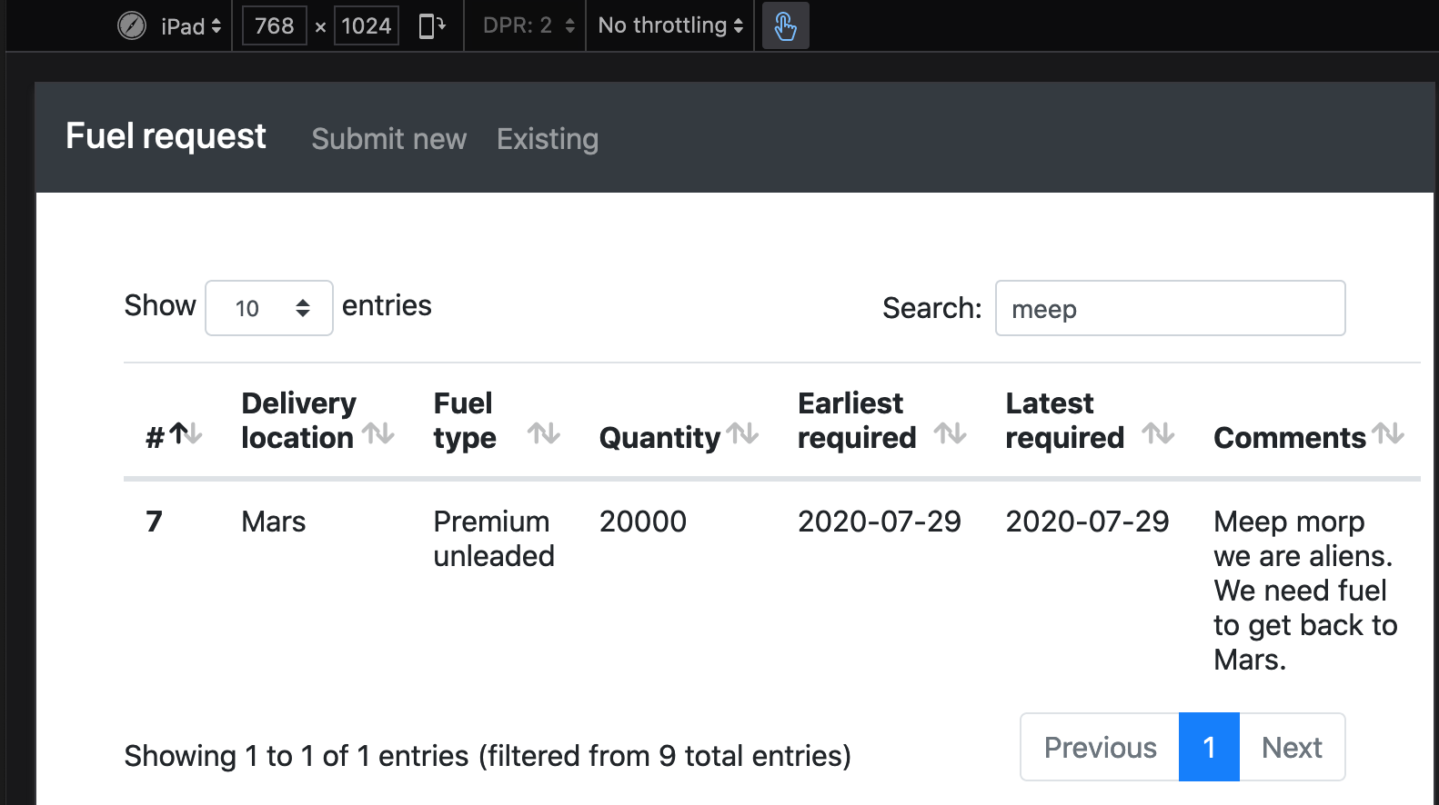Image of the datatable showing existing fuel demands